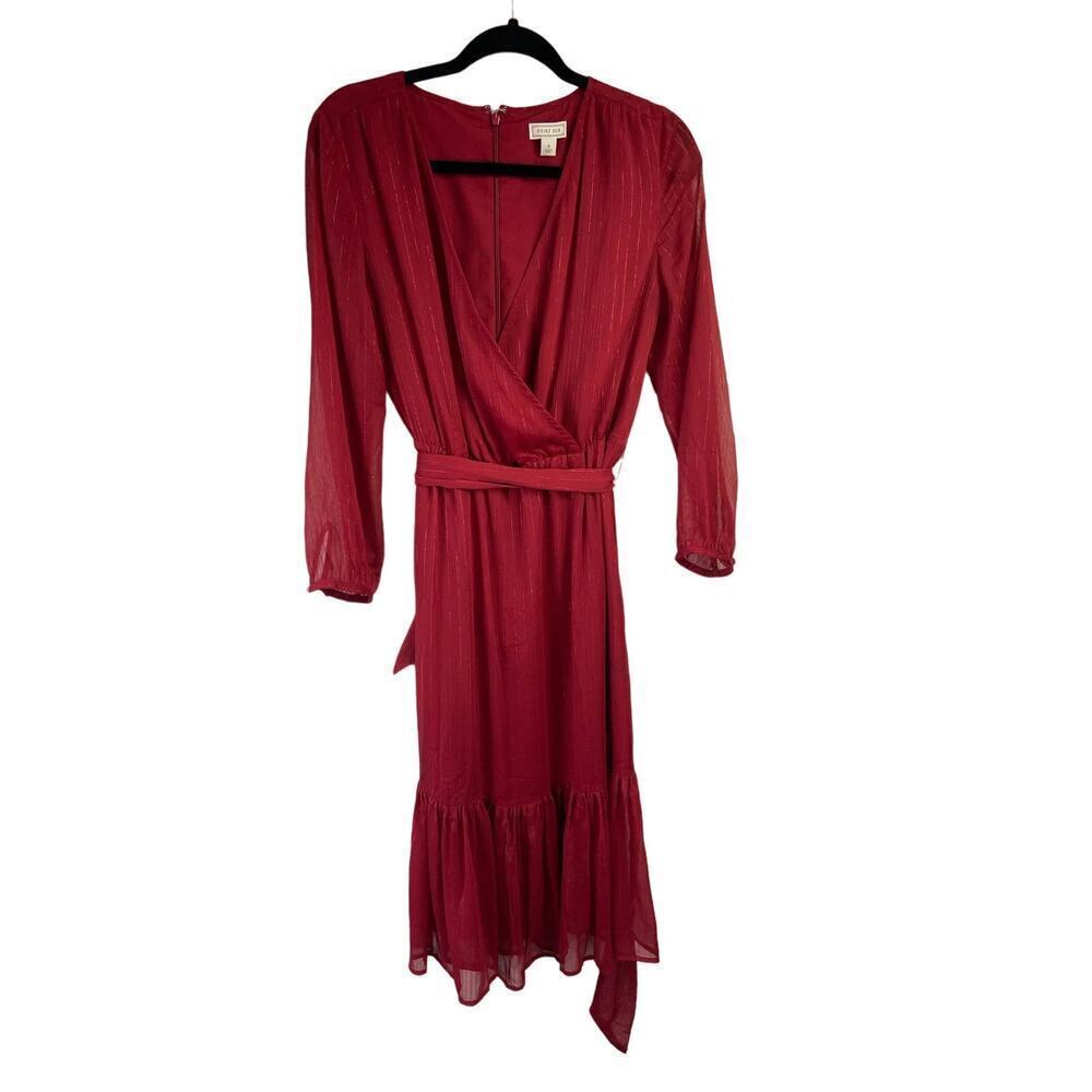 POINT SUR Wrap Lurex Belted Ruffle Dress Red Crinkle Chiffon Size 6
